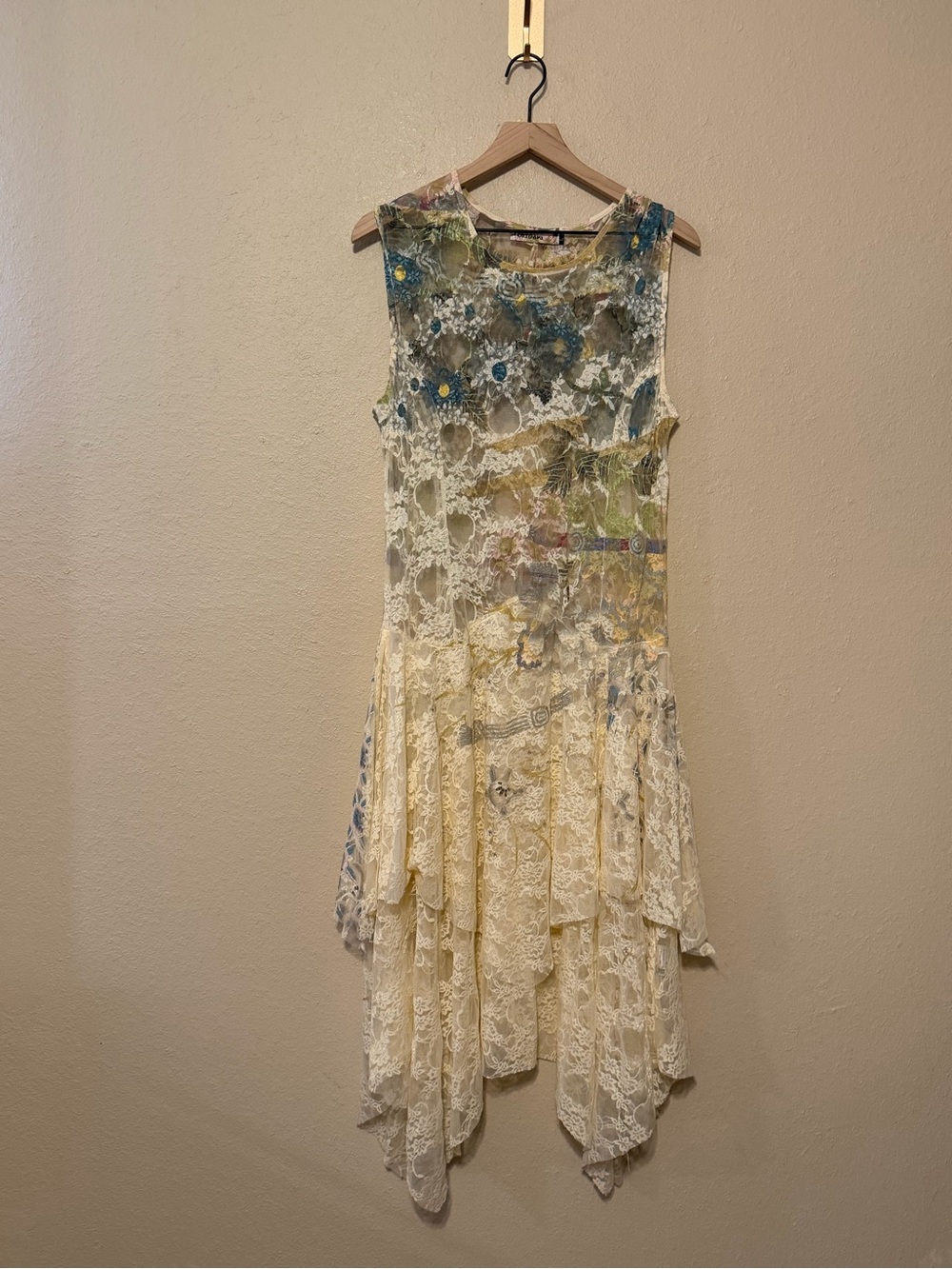 Origami Apparel Vivien Cream Whimsical Sheer Lace Floral Dress Size Large